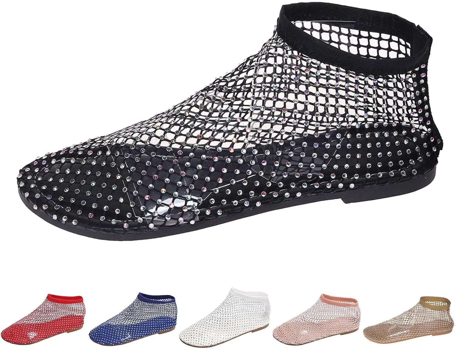 2025 Ultra Comfortable Mesh Flats for Women, Shiny Gem Mesh Ballet Flats, Sexy Slip on Stretchy Rhinestone Fishnet Sandals