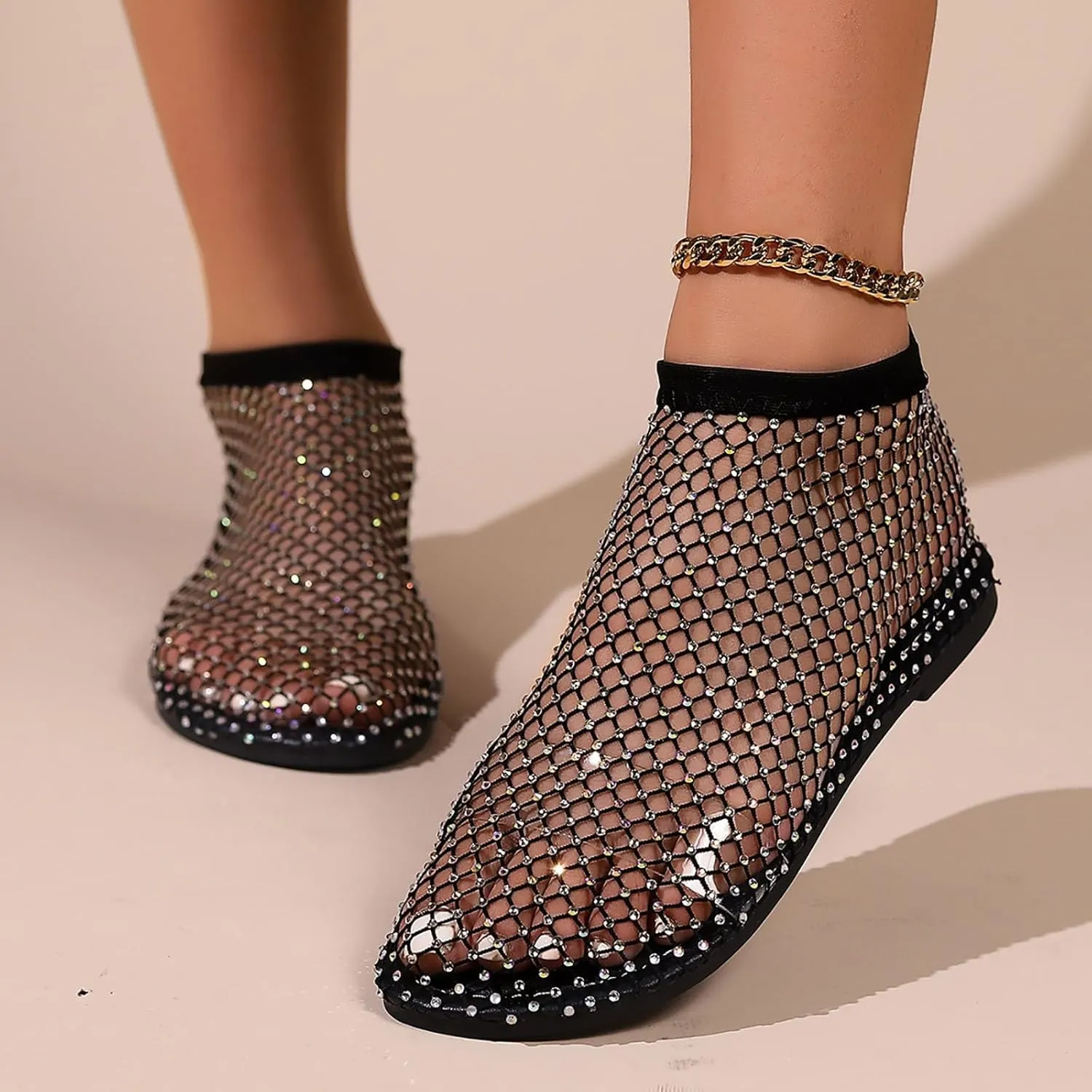 2025 Ultra Comfortable Mesh Flats for Women, Shiny Gem Mesh Ballet Flats, Sexy Slip on Stretchy Rhinestone Fishnet Sandals