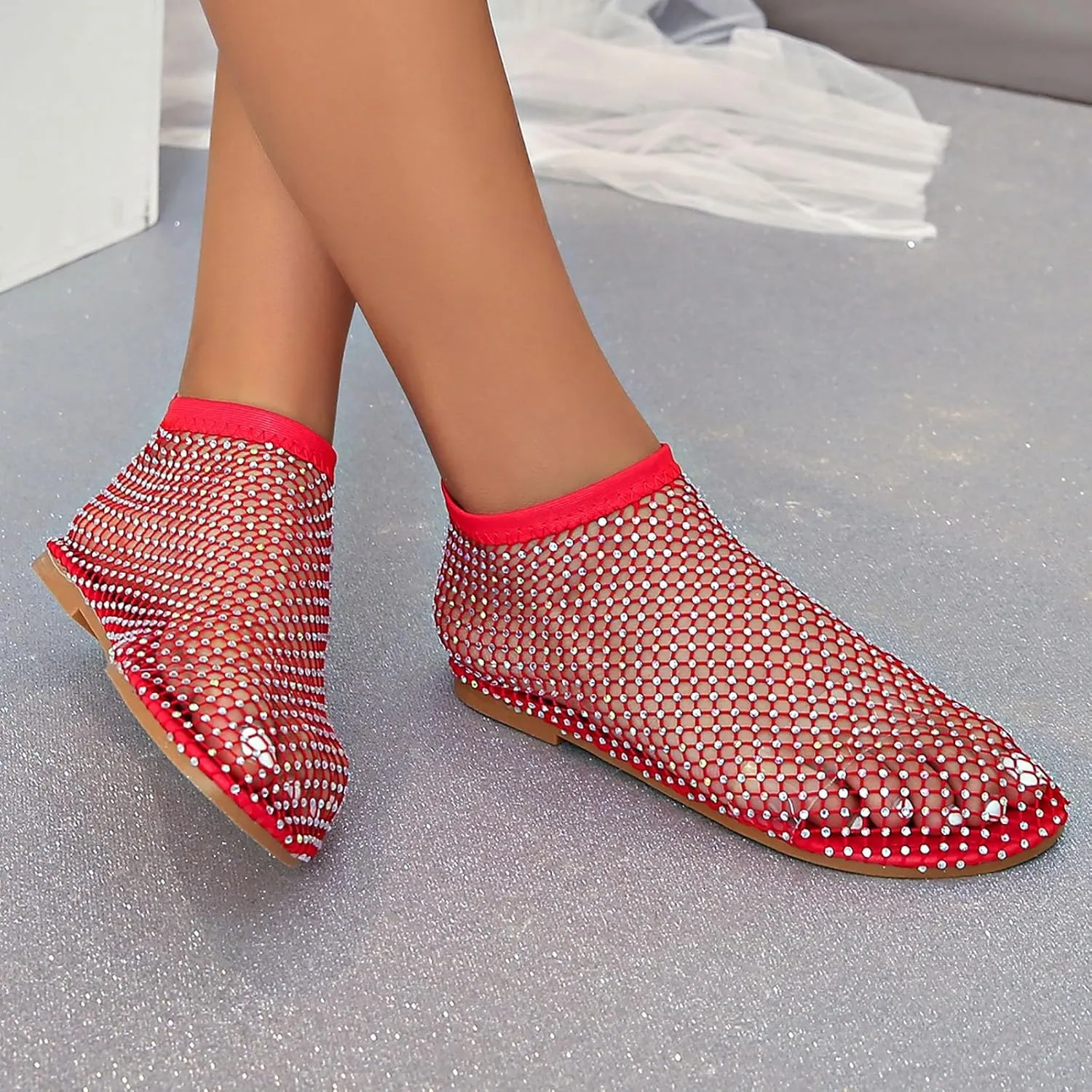 2025 Ultra Comfortable Mesh Flats for Women, Shiny Gem Mesh Ballet Flats, Sexy Slip on Stretchy Rhinestone Fishnet Sandals