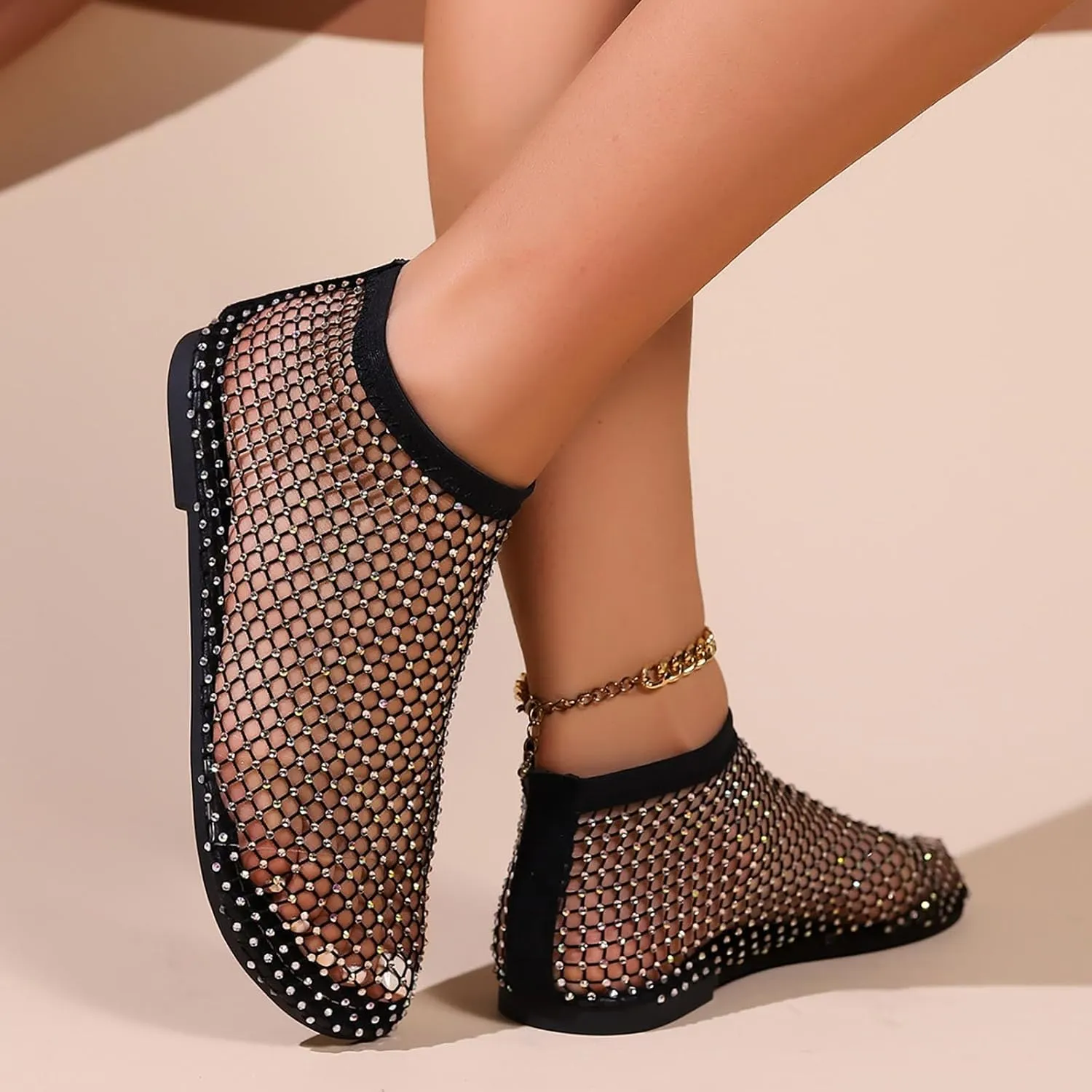 2025 Ultra Comfortable Mesh Flats for Women, Shiny Gem Mesh Ballet Flats, Sexy Slip on Stretchy Rhinestone Fishnet Sandals