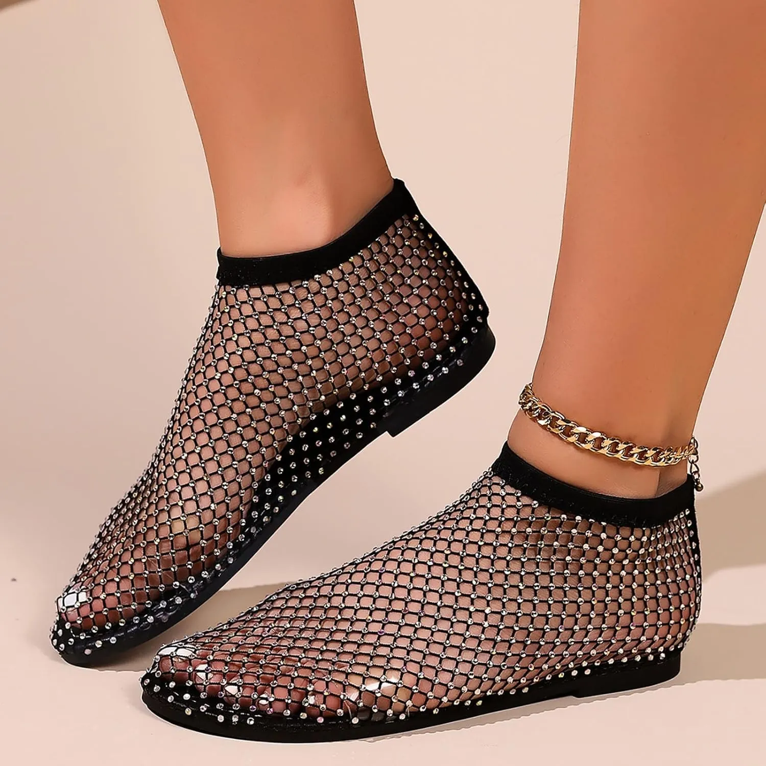 2025 Ultra Comfortable Mesh Flats for Women, Shiny Gem Mesh Ballet Flats, Sexy Slip on Stretchy Rhinestone Fishnet Sandals