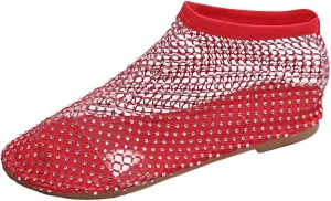 2025 Ultra Comfortable Mesh Flats for Women, Shiny Gem Mesh Ballet Flats, Sexy Slip on Stretchy Rhinestone Fishnet Sandals