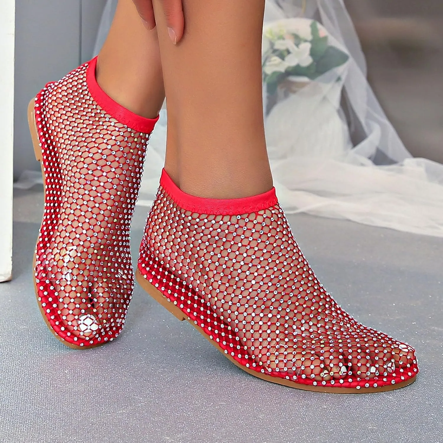2025 Ultra Comfortable Mesh Flats for Women, Shiny Gem Mesh Ballet Flats, Sexy Slip on Stretchy Rhinestone Fishnet Sandals