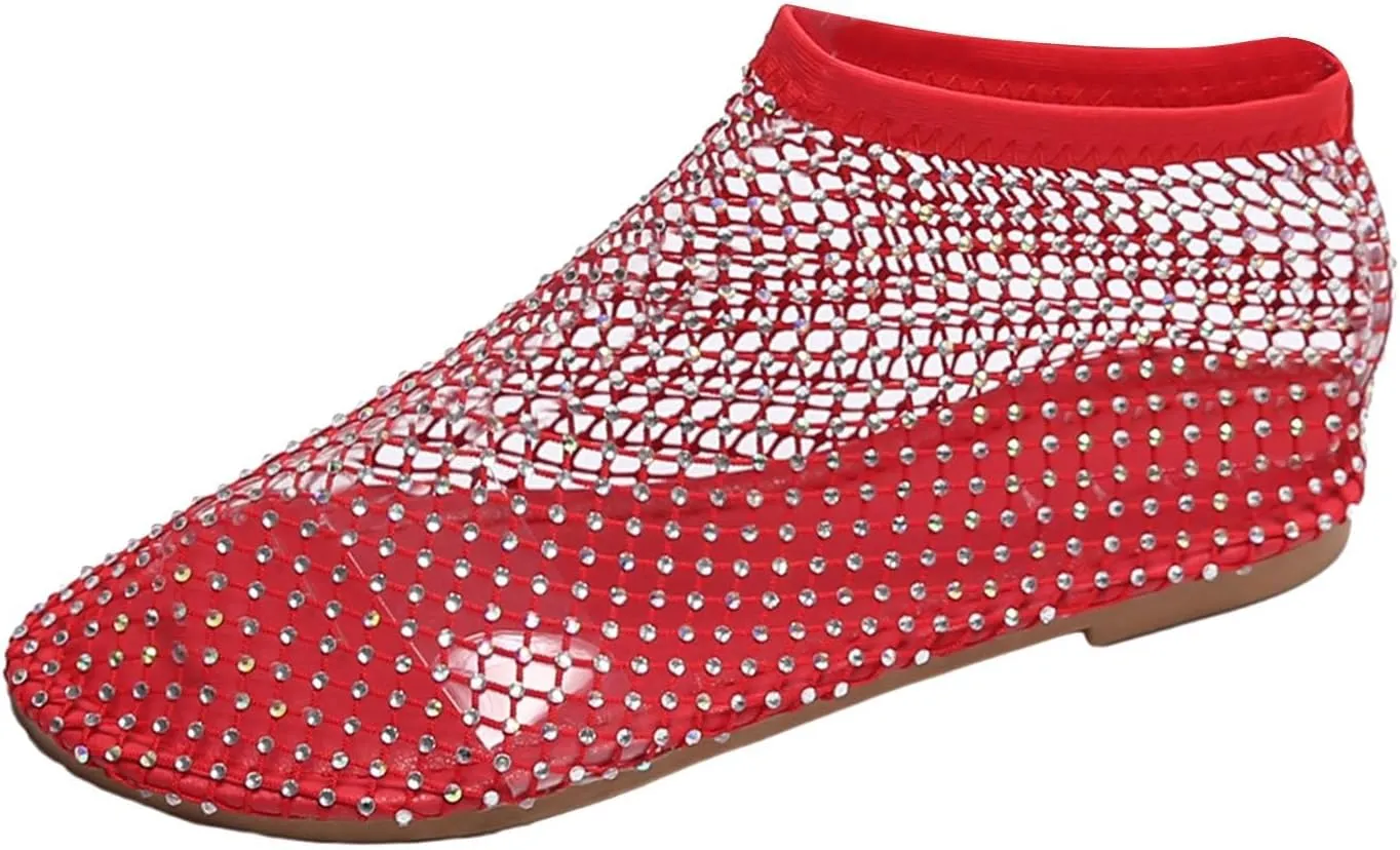 2025 Ultra Comfortable Mesh Flats for Women, Shiny Gem Mesh Ballet Flats, Sexy Slip on Stretchy Rhinestone Fishnet Sandals