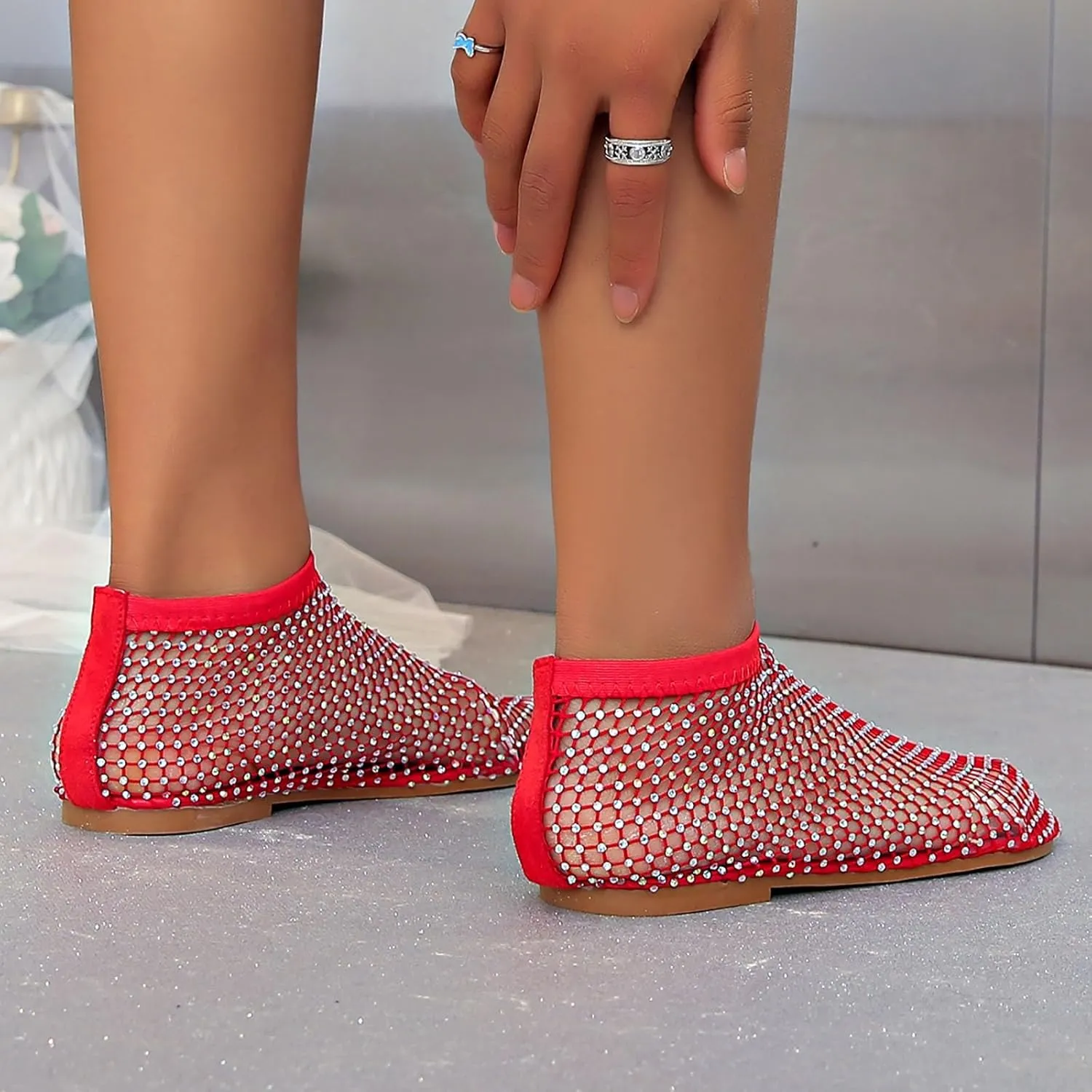 2025 Ultra Comfortable Mesh Flats for Women, Shiny Gem Mesh Ballet Flats, Sexy Slip on Stretchy Rhinestone Fishnet Sandals