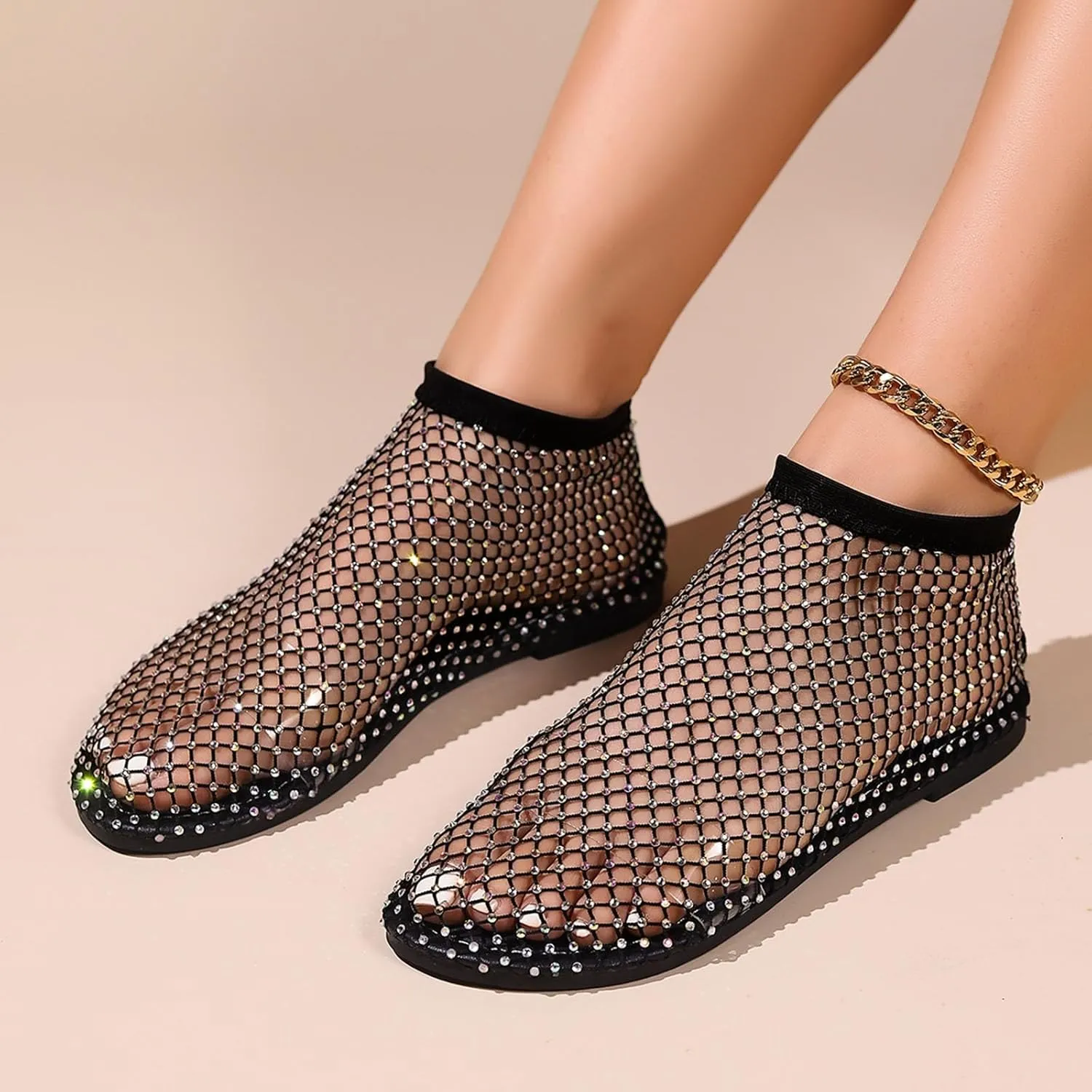 2025 Ultra Comfortable Mesh Flats for Women, Shiny Gem Mesh Ballet Flats, Sexy Slip on Stretchy Rhinestone Fishnet Sandals