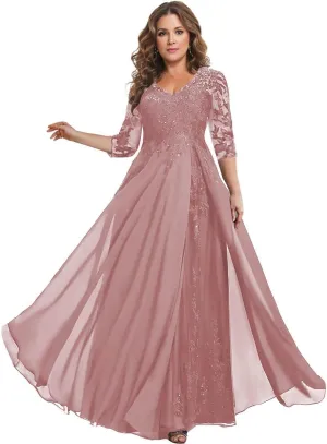 3/4 Sleeve Mother of The Bride Dresses for Wedding V Neck Lace Chiffon Sequin A Line Long Formal Evening Gown