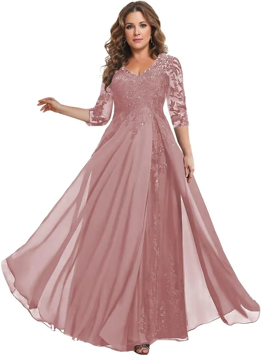 3/4 Sleeve Mother of The Bride Dresses for Wedding V Neck Lace Chiffon Sequin A Line Long Formal Evening Gown