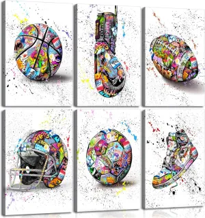 6Pcs Graffiti Soccer Canvas Wall Art Street Pop American Sneakers Posters Pictures Colorful Sports Shoes Paintings Inspirational football Basketball Prints for Boy's Room Man Cave Wall Decor Framed