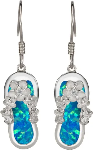 925 Sterling Silver Hawaiian Flip Flop Slipper Sandal Dangle Earrings, Genuine Koa Wood Blue Opal Abalone Shell Cubic Zirconia, Nickle Free Hypoallergenic for Sensitive Skin, Gift Box Included