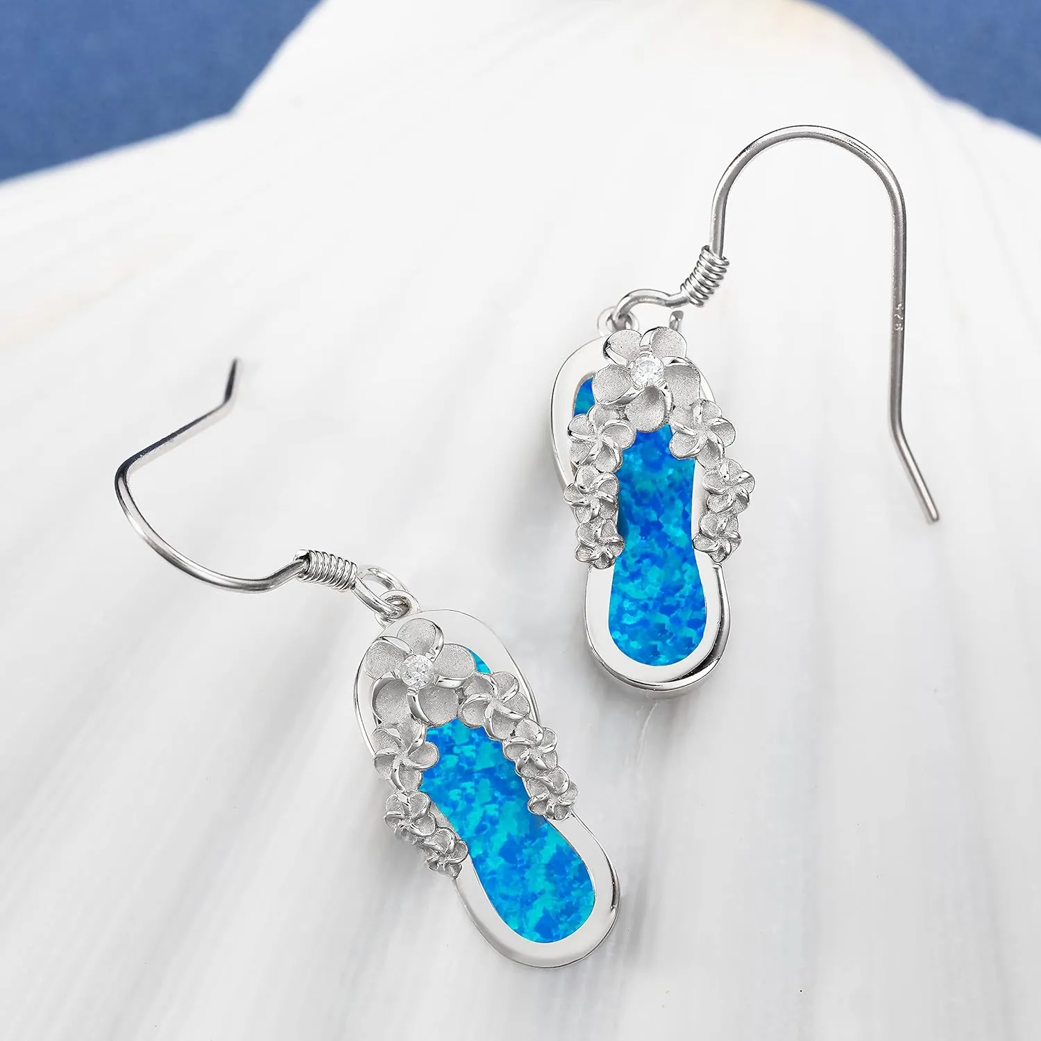 925 Sterling Silver Hawaiian Flip Flop Slipper Sandal Dangle Earrings, Genuine Koa Wood Blue Opal Abalone Shell Cubic Zirconia, Nickle Free Hypoallergenic for Sensitive Skin, Gift Box Included