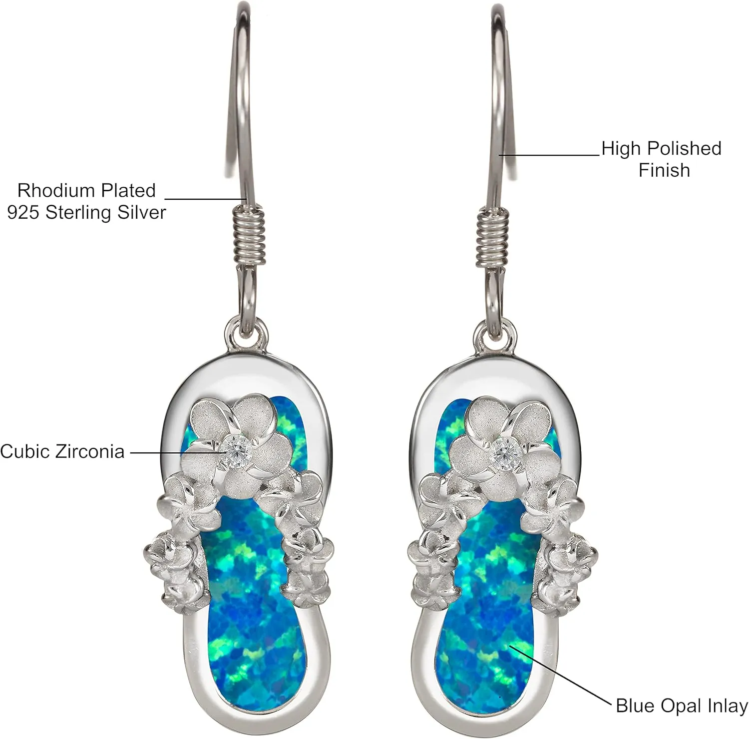 925 Sterling Silver Hawaiian Flip Flop Slipper Sandal Dangle Earrings, Genuine Koa Wood Blue Opal Abalone Shell Cubic Zirconia, Nickle Free Hypoallergenic for Sensitive Skin, Gift Box Included