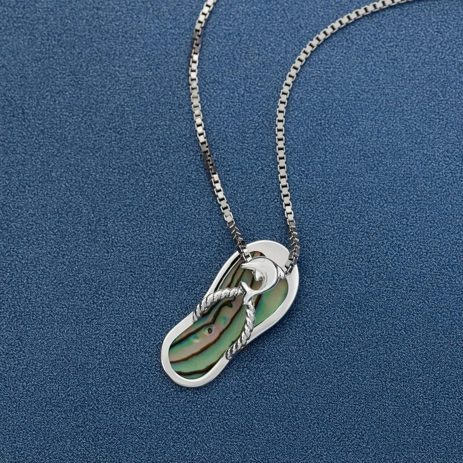 925 Sterling Silver Hawaiian Flip Flop Slipper Sandal Necklace Pendant with 18" Box Chain, Genuine Koa Wood Blue Opal Abalone Shell Cubic Zirconia, Nickle Free Hypoallergenic for Sensitive Skin, Gift Box Included
