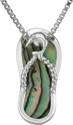 925 Sterling Silver Hawaiian Flip Flop Slipper Sandal Necklace Pendant with 18" Box Chain, Genuine Koa Wood Blue Opal Abalone Shell Cubic Zirconia, Nickle Free Hypoallergenic for Sensitive Skin, Gift Box Included