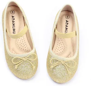 ADAMUMU Toddler Gold Dress Shoes for Girls Elastic Mary Jane Flats Glitter Shoes for Little Kids Champagne Princess Ballet in Birthday Party Dailywear