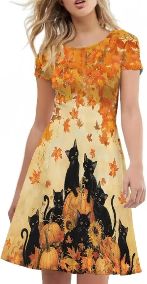 AFPANQZ Knee Long Dresses Women Short-Sleeve A-line Scoop Neck T-Shirt Dress