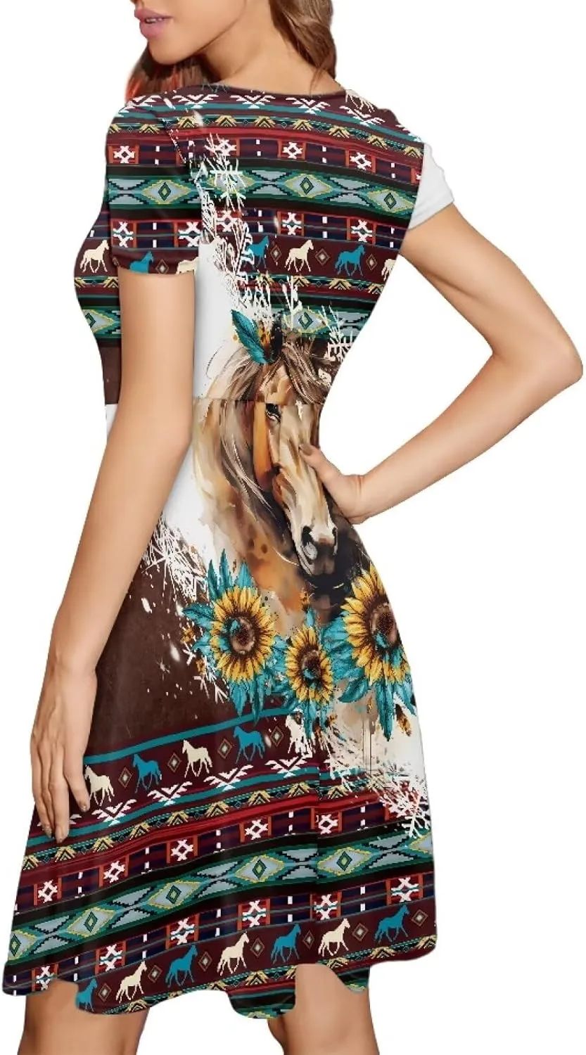 AFPANQZ Knee Long Dresses Women Short-Sleeve A-line Scoop Neck T-Shirt Dress