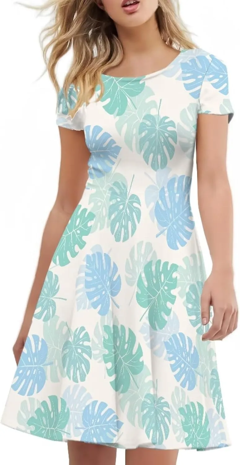 AFPANQZ Knee Long Dresses Women Short-Sleeve A-line Scoop Neck T-Shirt Dress
