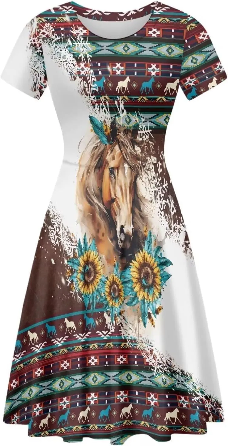 AFPANQZ Knee Long Dresses Women Short-Sleeve A-line Scoop Neck T-Shirt Dress