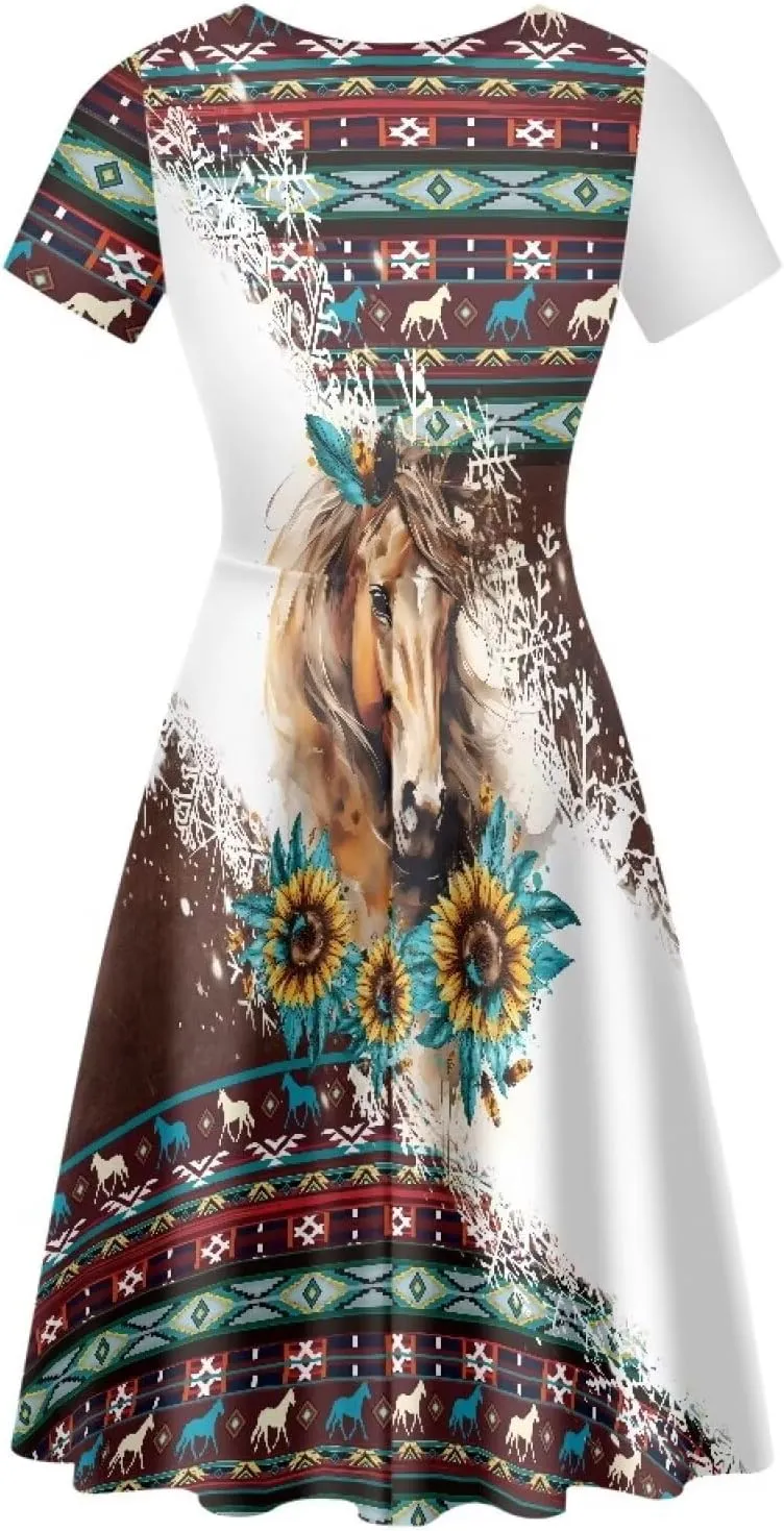 AFPANQZ Knee Long Dresses Women Short-Sleeve A-line Scoop Neck T-Shirt Dress
