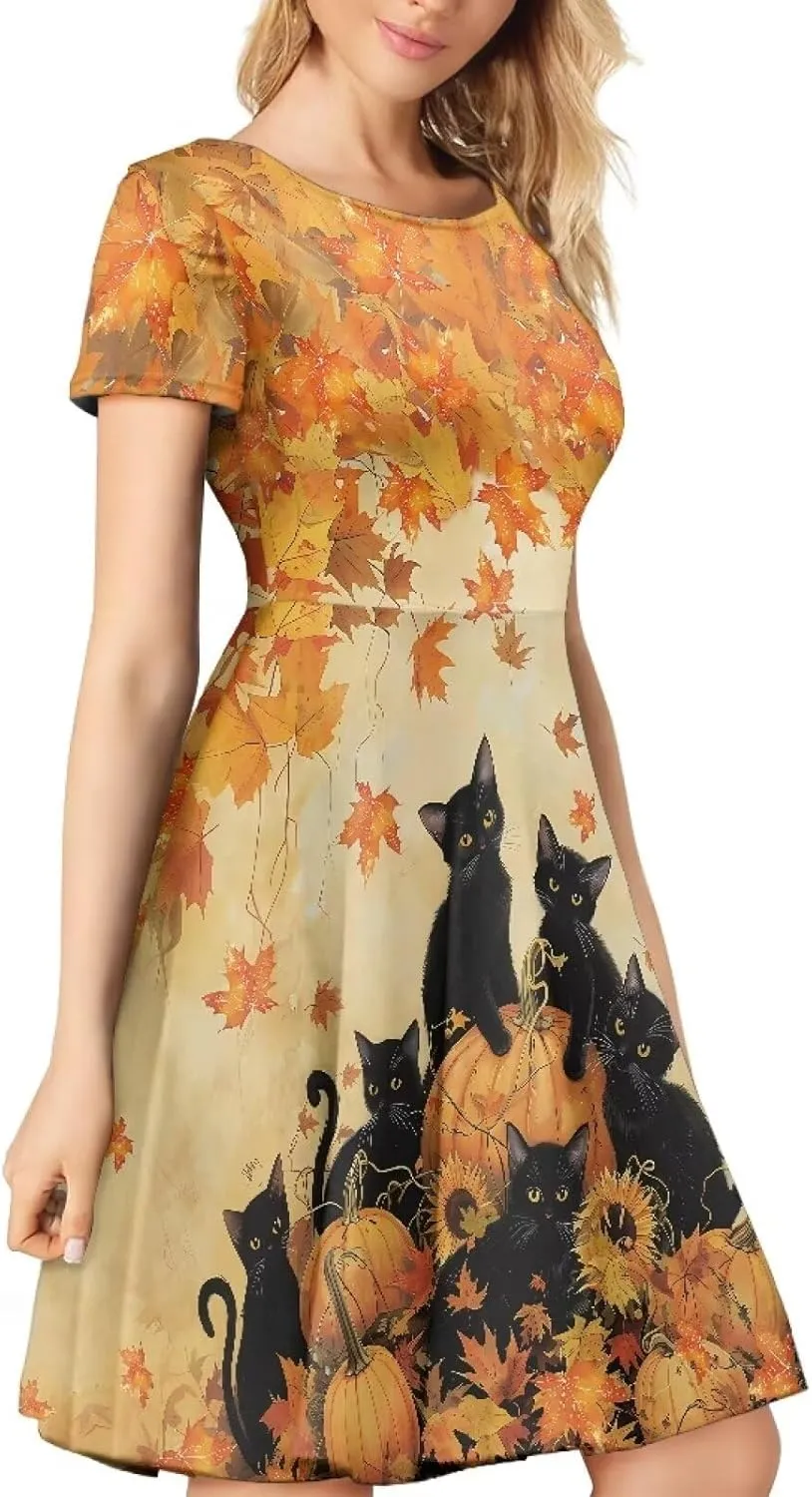 AFPANQZ Knee Long Dresses Women Short-Sleeve A-line Scoop Neck T-Shirt Dress