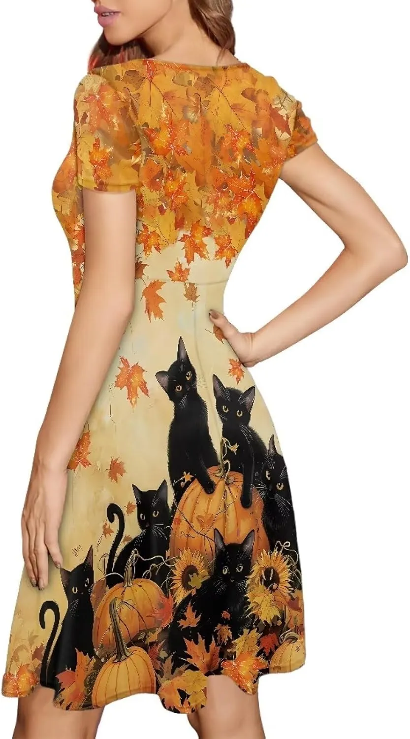 AFPANQZ Knee Long Dresses Women Short-Sleeve A-line Scoop Neck T-Shirt Dress
