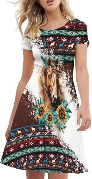 AFPANQZ Knee Long Dresses Women Short-Sleeve A-line Scoop Neck T-Shirt Dress