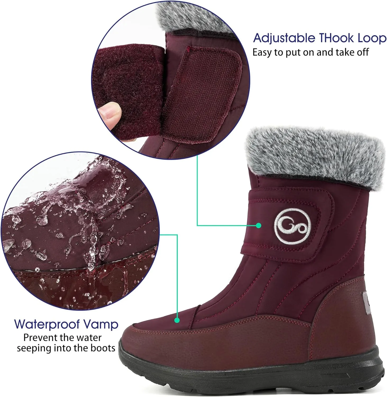 Almusen Snow Boots for Womens Winter Shoes: Warm Fur Lining Mid Calf Boots Women Anti Slip Waterproof Hook Loop Comfortable Outdoor Boot