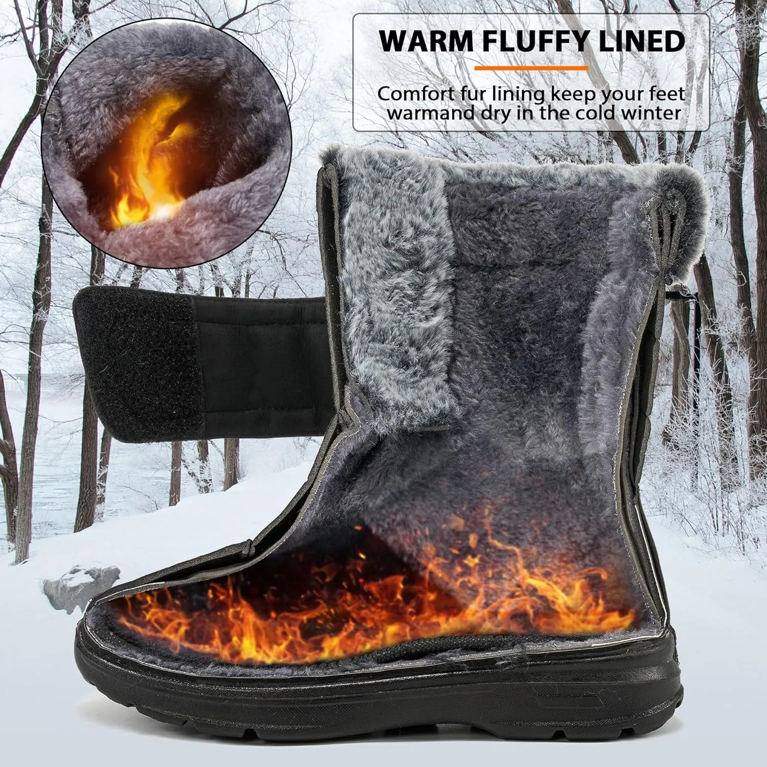 Almusen Snow Boots for Womens Winter Shoes: Warm Fur Lining Mid Calf Boots Women Anti Slip Waterproof Hook Loop Comfortable Outdoor Boot