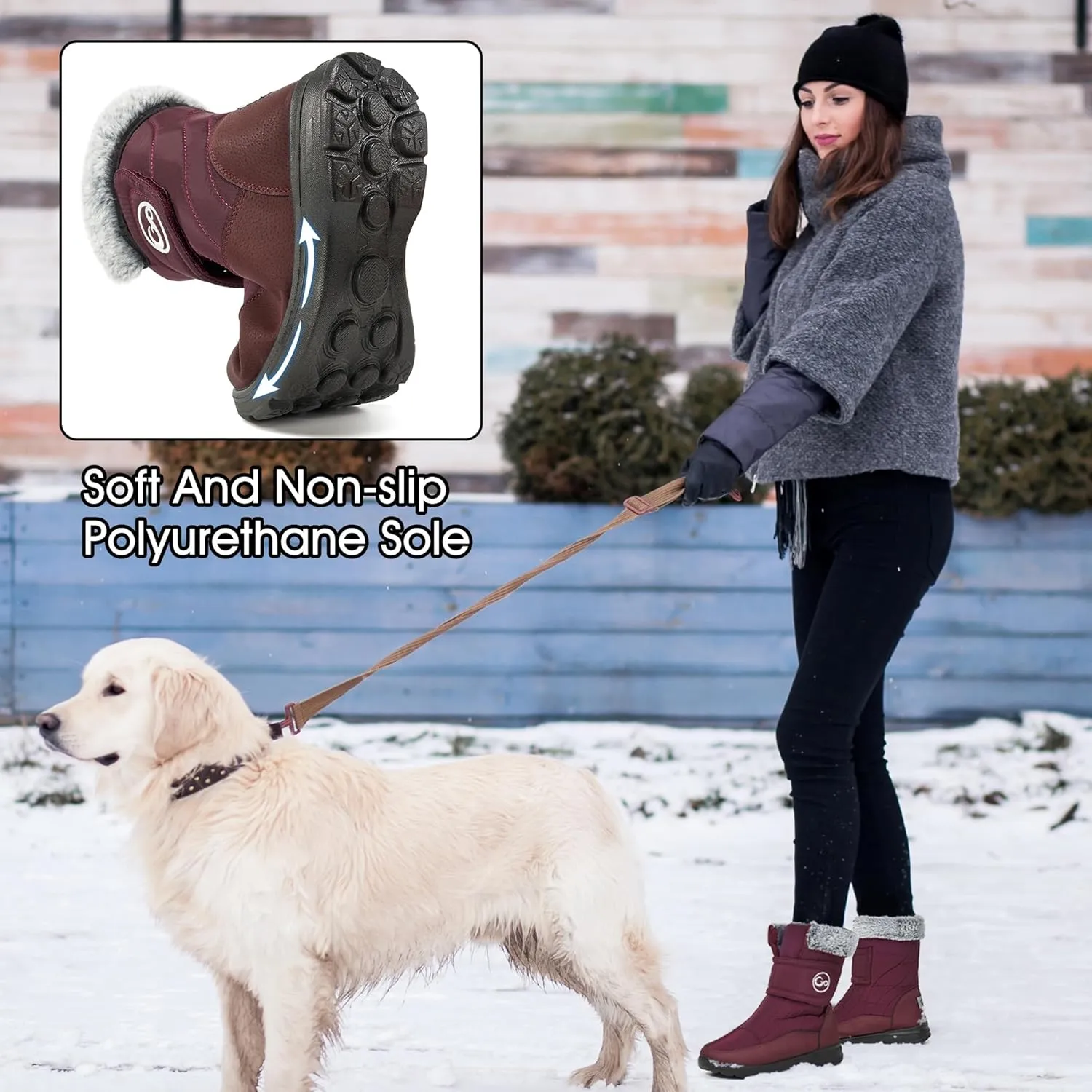 Almusen Snow Boots for Womens Winter Shoes: Warm Fur Lining Mid Calf Boots Women Anti Slip Waterproof Hook Loop Comfortable Outdoor Boot
