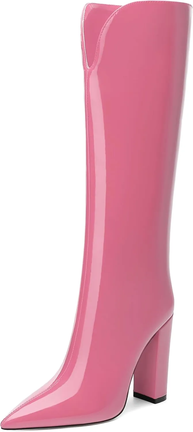 AMBELIGHT Chunky Heeled Knee High Boots for Women Pointed Toe Pull on Patent Block Long Boots Elegant Comfortable Classic Sexy Tall Boots