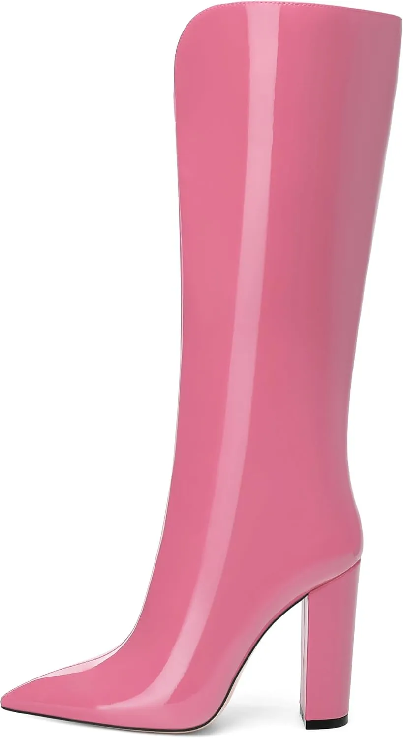 AMBELIGHT Chunky Heeled Knee High Boots for Women Pointed Toe Pull on Patent Block Long Boots Elegant Comfortable Classic Sexy Tall Boots