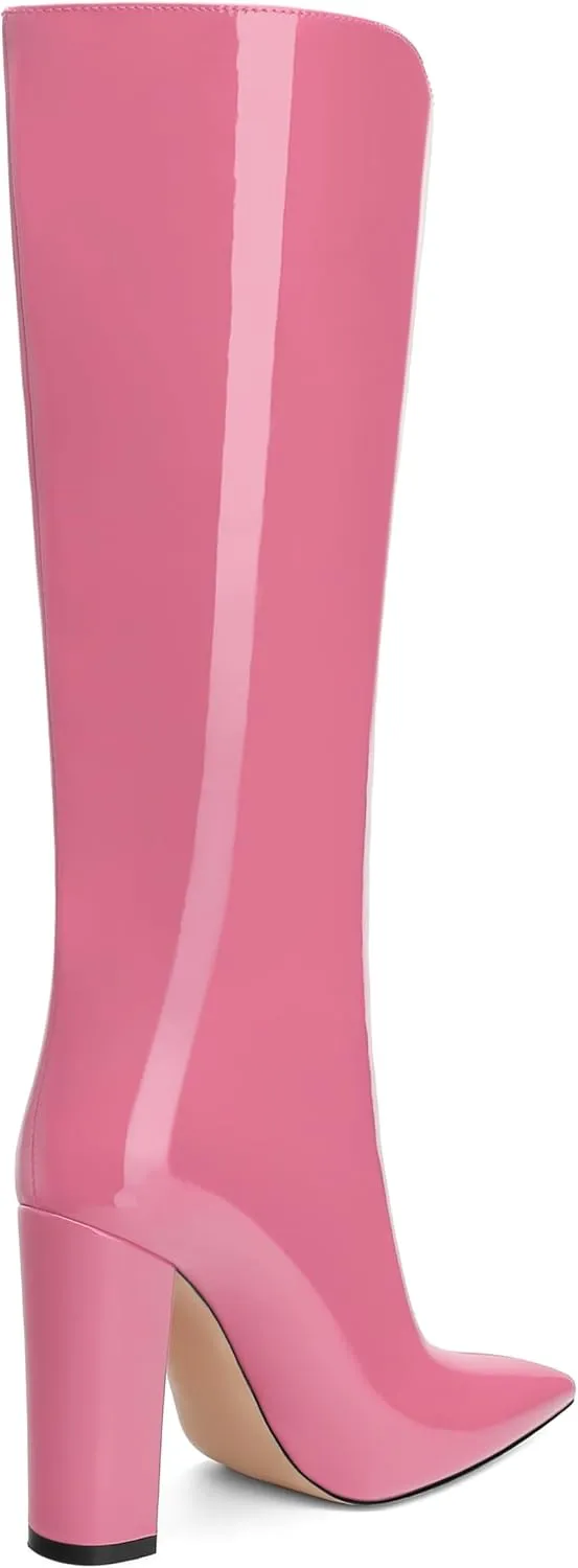AMBELIGHT Chunky Heeled Knee High Boots for Women Pointed Toe Pull on Patent Block Long Boots Elegant Comfortable Classic Sexy Tall Boots