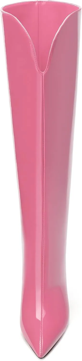 AMBELIGHT Chunky Heeled Knee High Boots for Women Pointed Toe Pull on Patent Block Long Boots Elegant Comfortable Classic Sexy Tall Boots