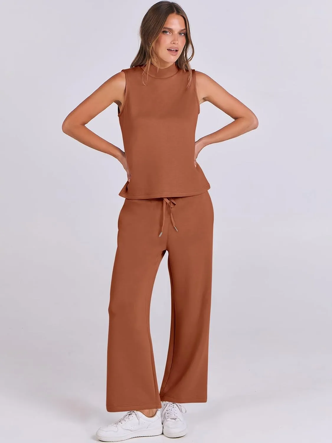 ANRABESS Women 2 Piece Outfits Summer Lounge Sets Mock Neck Top Wide Leg Pants Casual Fashion Tracksuit 2025 Travel Clothes