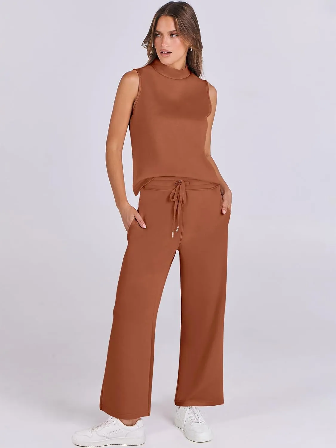 ANRABESS Women 2 Piece Outfits Summer Lounge Sets Mock Neck Top Wide Leg Pants Casual Fashion Tracksuit 2025 Travel Clothes