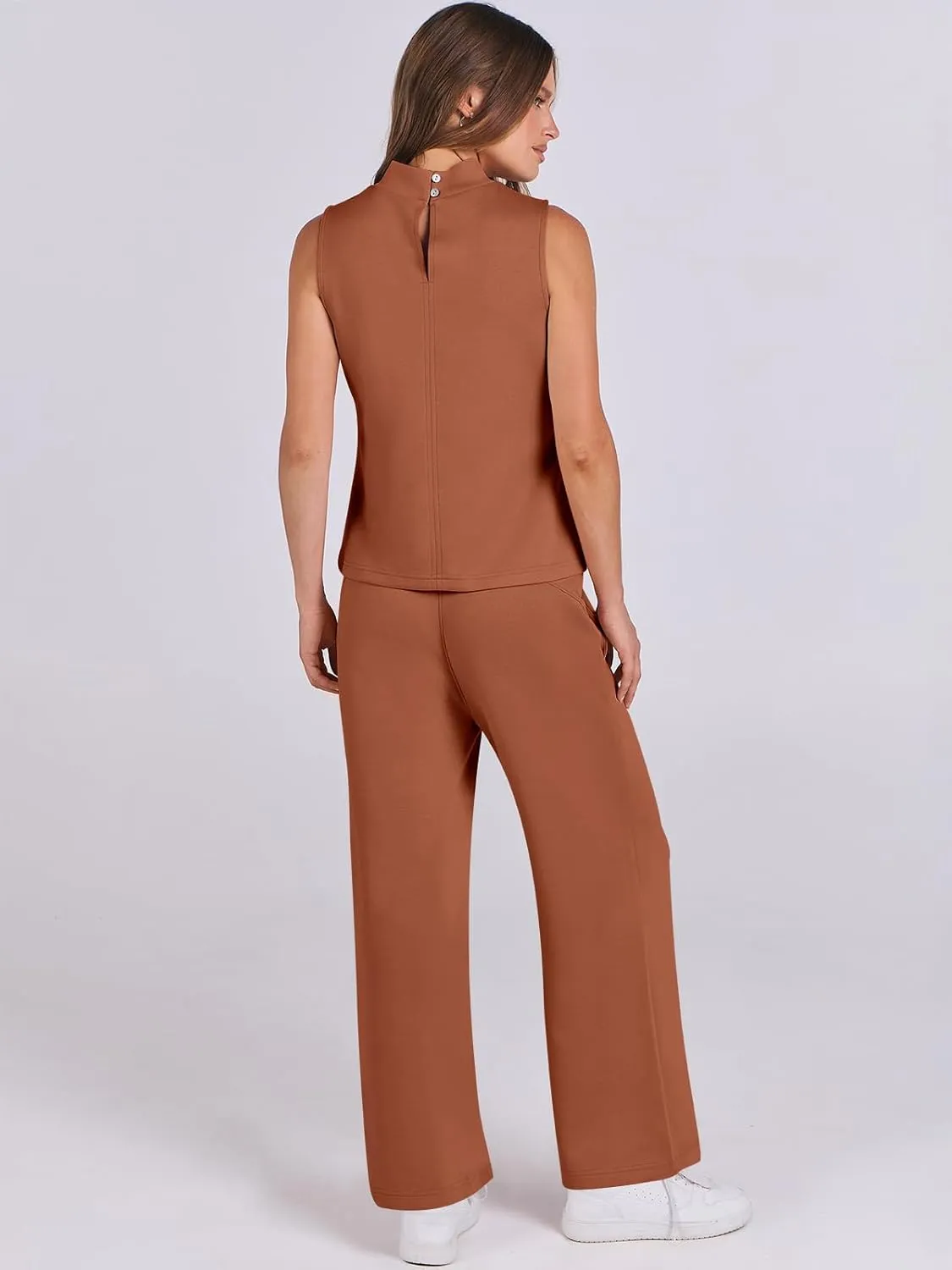 ANRABESS Women 2 Piece Outfits Summer Lounge Sets Mock Neck Top Wide Leg Pants Casual Fashion Tracksuit 2025 Travel Clothes
