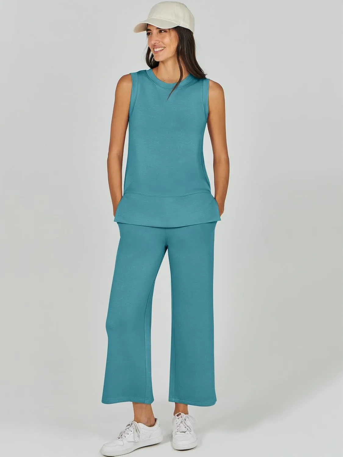 ANRABESS Women's 2 Piece Sets Summer Travel Airplane Outfits Sleeveless Wide Leg Casual Lounge Matching Sweat Set Sweatsuits