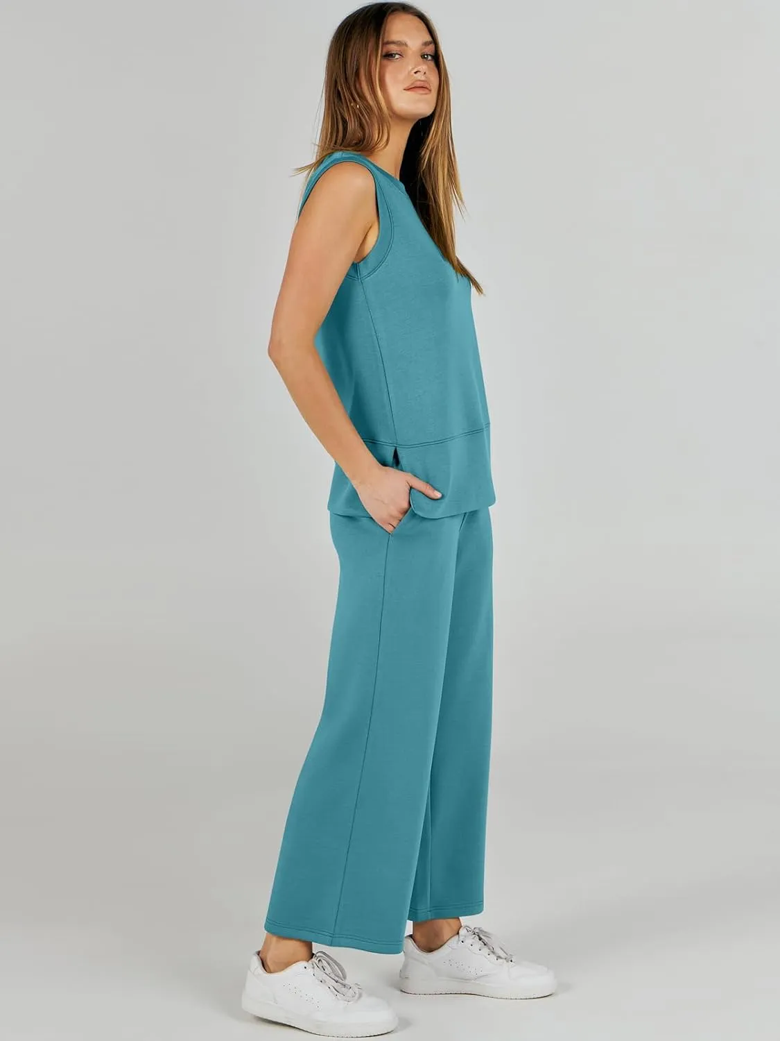 ANRABESS Women's 2 Piece Sets Summer Travel Airplane Outfits Sleeveless Wide Leg Casual Lounge Matching Sweat Set Sweatsuits