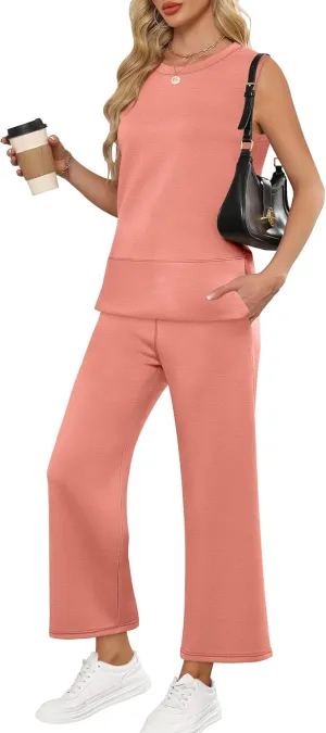 ANRABESS Women's 2 Piece Sets Summer Travel Airplane Outfits Sleeveless Wide Leg Casual Lounge Matching Sweat Set Sweatsuits