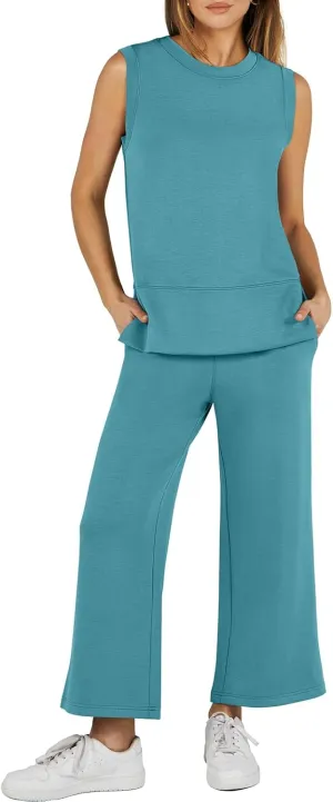 ANRABESS Women's 2 Piece Sets Summer Travel Airplane Outfits Sleeveless Wide Leg Casual Lounge Matching Sweat Set Sweatsuits