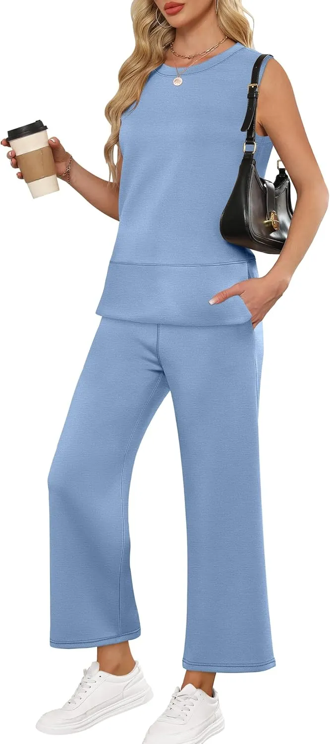 ANRABESS Women's 2 Piece Sets Summer Travel Airplane Outfits Sleeveless Wide Leg Casual Lounge Matching Sweat Set Sweatsuits