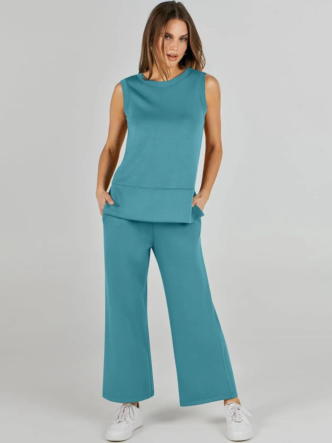 ANRABESS Women's 2 Piece Sets Summer Travel Airplane Outfits Sleeveless Wide Leg Casual Lounge Matching Sweat Set Sweatsuits