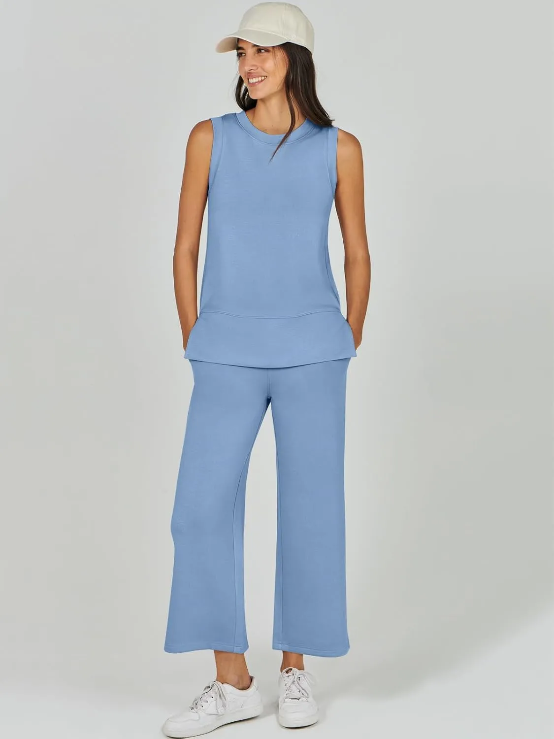 ANRABESS Women's 2 Piece Sets Summer Travel Airplane Outfits Sleeveless Wide Leg Casual Lounge Matching Sweat Set Sweatsuits