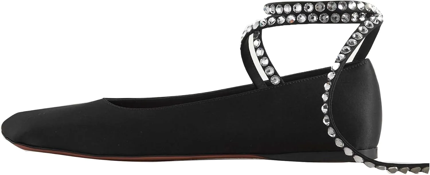 Arqa Crystal Ballet Flats for Women Sparkling Rhinestone Ankle Strap Ballerina Shoes Casual Mary Jane Flat Shoe