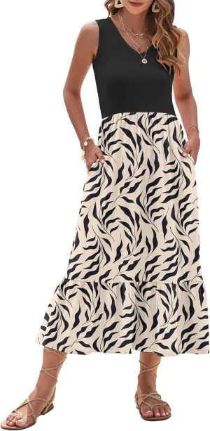 AUSELILY Womens Maxi Dress 2025 Sleeveless Summer Dresses V Neck Casual Tiered Sundresses with Pockets
