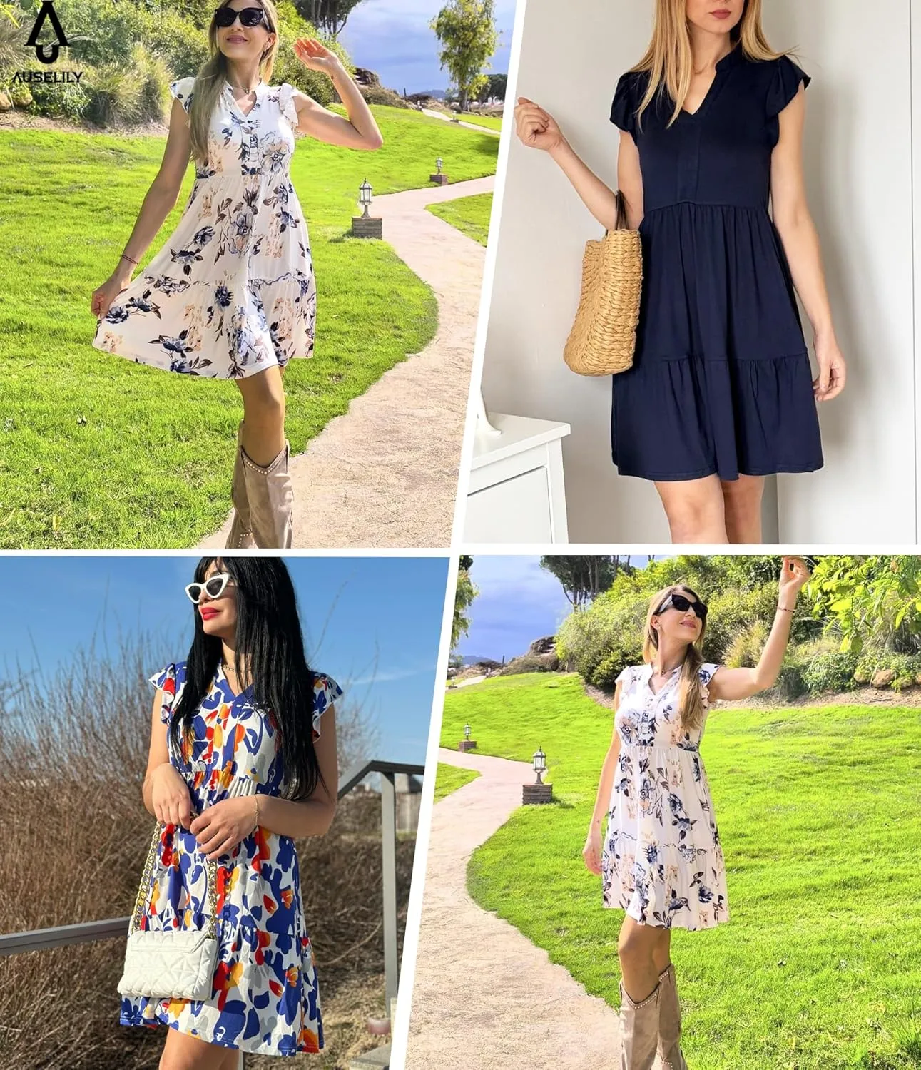 AUSELILY Women's Summer Ruffled Sleeve Dresses V Neck Empire Waist Sleeveless Mini Sundress with Pockets 2025 New