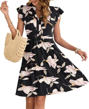 AUSELILY Women's Summer Ruffled Sleeve Dresses V Neck Empire Waist Sleeveless Mini Sundress with Pockets 2025 New