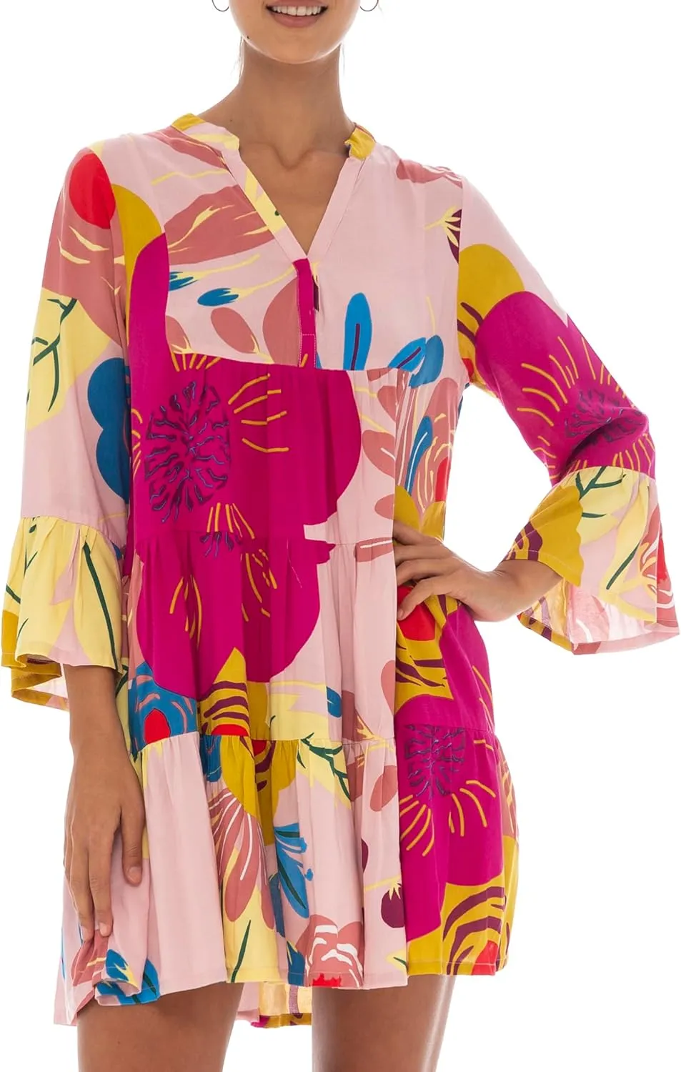 Back From Bali Womens Short Sundress Flowy Boho Beach Dress with Embroidered V Neck, Casual Sexy Summer Party Dress
