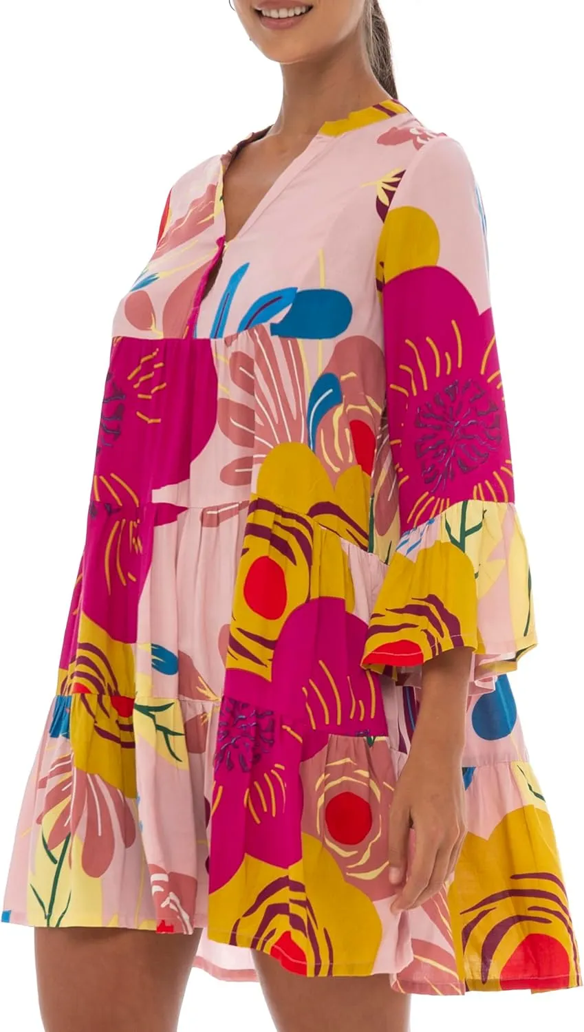 Back From Bali Womens Short Sundress Flowy Boho Beach Dress with Embroidered V Neck, Casual Sexy Summer Party Dress